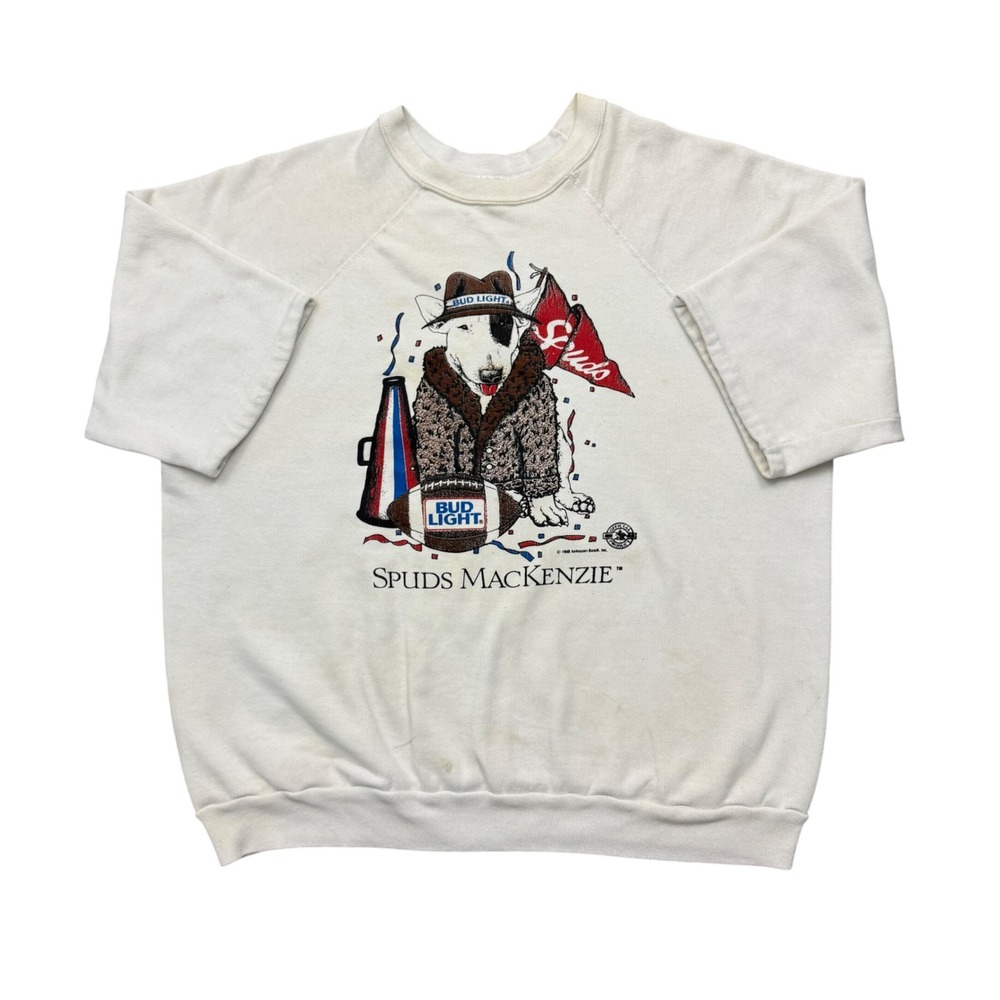 Vintage 1988 Spuds MacKenzie Bud Light Short Sleeve Sweatshirt White USA 80s 2X